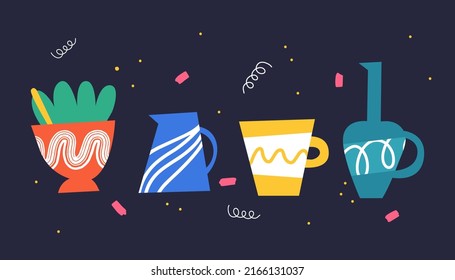 A set of bright ceramic dishes. Vector illustration.