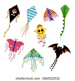 Set von hellen und fröhlichen Drachen in Form von Piratenflagge, Drache, Schmetterling, Fledermaus, Fisch und glückliches Gesicht. Sommerfliegendes Drachenfest. Spielzeug für Kinder im Freien und im Wind