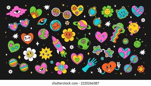 A set of bright children's stickers in the hippie style of the 60s, 70s. Psychedelic acid drawings. Girl patches