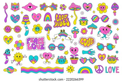 A set of bright children's stickers in the hippie style of the 60s, 70s. Psychedelic acid drawings. Girl patches