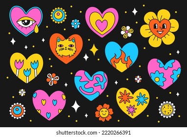 A set of bright children's stickers in retro style. Vintage psychedelic hearts. Girly patches