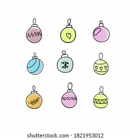 A set of bright Christmas balls, decorations and toys for the new year 2021 and Christmas. Attributes and symbols of the new year's holiday, party fun. Vector multicolored Doodle illustration.