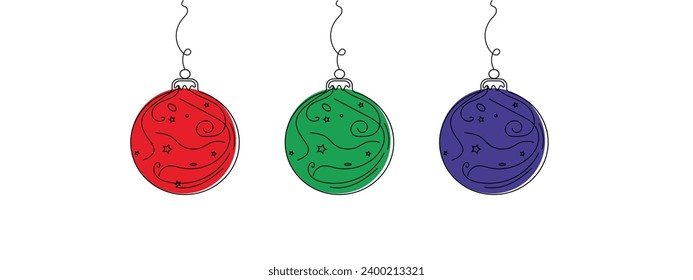 A set of bright Christmas balls, decorations and toys for the new year and Christmas. Attributes and symbols of the new year's holiday, party fun. Vector multicolored Doodle illustration.