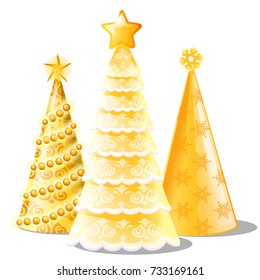Set of bright Christmas decorations on New year eve celebration isolated on white background. Sample of holiday poster, card, party invitation. Bright gold cones with patterns. Vector cartoon close-up