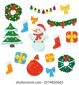 A set of bright Christmas decorations with wreaths, gifts and a snowman.