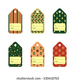 Set of bright Christmas gift tags in traditional colors. Holiday gift tag design template. Set of labels with traditional Christmas and New Year elements.