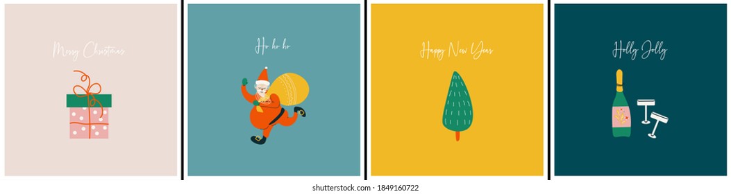 Set of bright Christmas greeting cards with vector christmas symbols. Santa Claus, Christmas tree, toys, box, champagne and glasses, presents. Flat new year cards. Merry Christmas and Happy New Year.