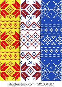 Set of bright Christmas  pixel patterns. Styling Scandinavian embroidery. Knitted winter background.  Ideal for Christmas background, greeting cards, invitations.
