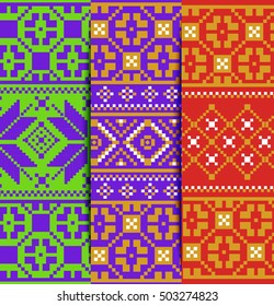 Set of bright Christmas pixel patterns. Styling Scandinavian embroidery. Knitted winter background.  Ideal for Christmas background, greeting cards, invitations.