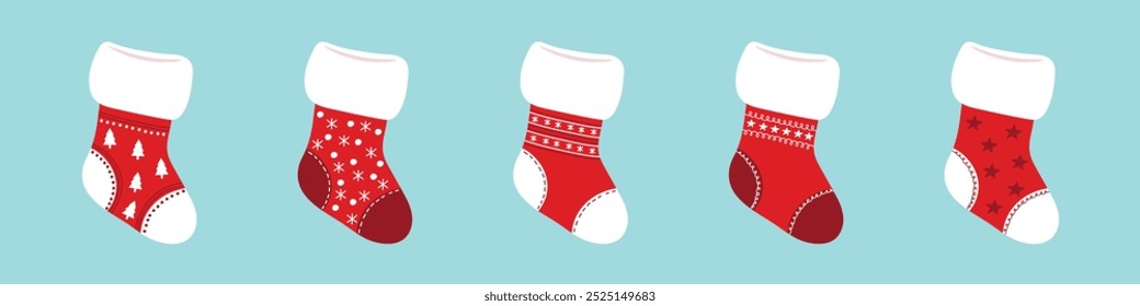 Set of bright Christmas socks. Christmas winter cute socks. Vector.