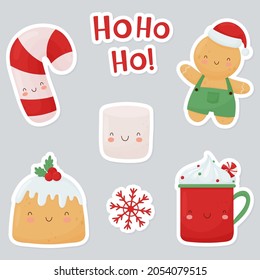 A set of bright Christmas stickers. Cute Christmas characters, cup, pie, marshmallow, candy cane, gingerbread man.