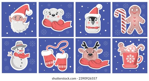Set of bright Christmas stickers on a blue background. New Year 2024 template for your creativity. Snowflakes, snowman, elf, polar bear, penguin, Christmas reindeer, cup of hot chocolate with cookies 