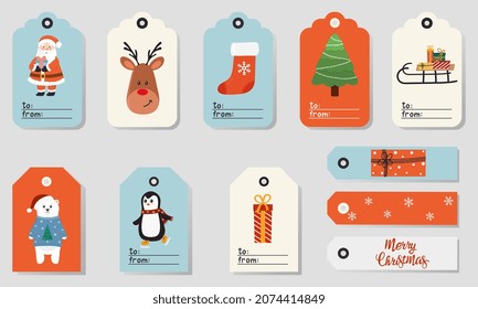 Set of bright Christmas tags with cute characters. Printable greeting cards illustration. Bright design for Christmas in pastel colors.