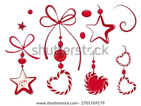 Set of bright Christmas tree and interior decorations. Vector isolated pendants on string made of round and oval beads, stars, and hearts. A selection of stylish jewelry Christmas tree ornaments.