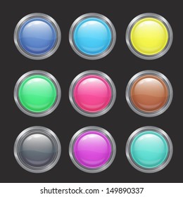 set of bright chrome-plated metal realistic green buttons for an interface