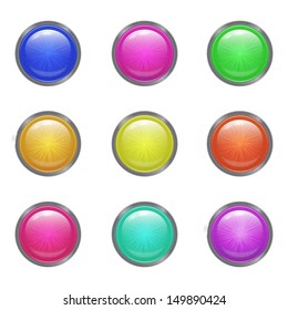 set of bright chrome-plated metal realistic green buttons for an interface