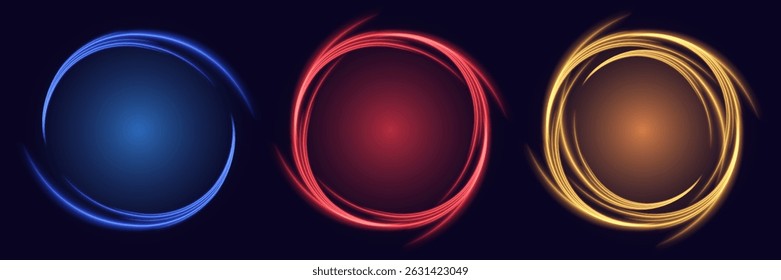 Set of bright circles with glowing ring frames. Glowing neon circles. Vector Illustration.