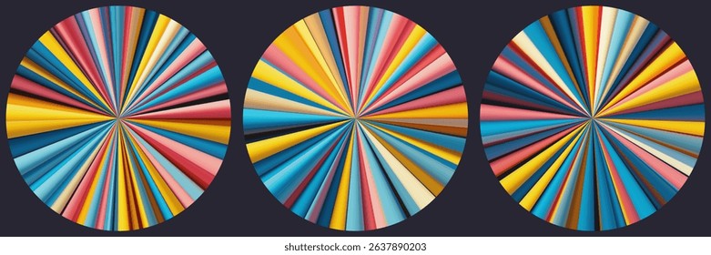 Set of bright circular patterns with vibrant radiating stripes converge towards the center. Circular starburst forms made of sharp converging folded lines in bright saturated tone. Vector illustration
