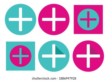 Conjunto de icono circular brillante y escuálido con signo positivo o máximo. Imágenes prediseñadas editables