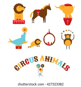 Set of bright circus animals . Leo, jumping through flaming hoop , juggling monkey , seal , horse and elephant . Elements of circus. Vector illustration. Circus show