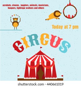 Set of bright circus animals and a circus tent. Poster of a circus performance or invitation for holiday. Elements of circus. Vector illustration. Circus show