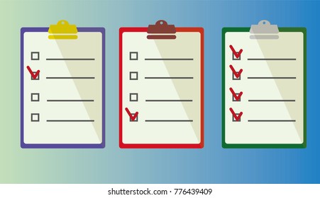 Set of bright clipboards with tick boxes and different metal clips