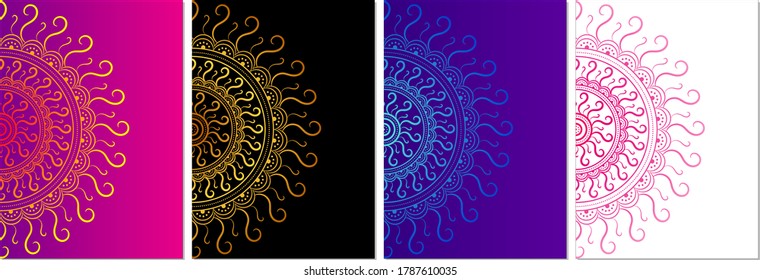 Set of Bright Color Mandala Gradient Pattern Background. A4, Poster, Placard, Social media Template. Blue, Pink, Golden Black, Blue and Pink Placard Poster Template. Vector Illustration.