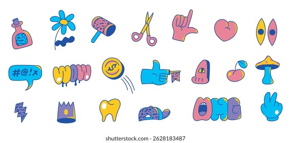 Set of Bright Color Retro Cartoon Icon Design Elements
