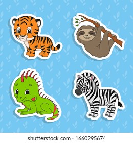Set of bright color stickers. Brown sloth. Green iguana. Orange tiger. Happy zebra. Cute cartoon characters. Vector illustration isolated on color background. Wild animals.