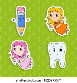 Set of bright color stickers for kids. Cute cartoon characters. Vector illustration isolated on color background.