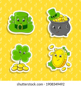 Set of bright color stickers for kids. St. Patrick's day. Cute cartoon characters. Vector illustration isolated on color background.