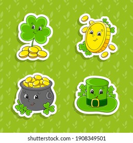 Set of bright color stickers for kids. St. Patrick's day. Cute cartoon characters. Vector illustration isolated on color background.