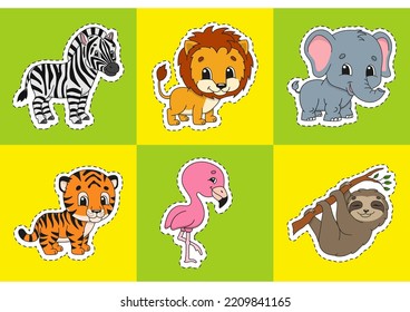 Set of bright color stickers for kids. Animal theme. Cute cartoon characters. Vector illustration isolated on color background.