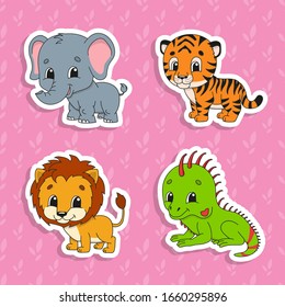 Set of bright color stickers. Orange lion. Green iguana. Orange tiger. Gray elephant. Cute cartoon characters. Vector illustration isolated on color background. Wild animals.