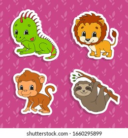 Set of bright color stickers. Orange lion. Brown monkey. Green iguana. Brown sloth. Cute cartoon characters. Vector illustration isolated on color background. Wild animals.