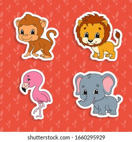 Set of bright color stickers. Orange lion. Brown monkey. Pink flamingo. Gray elephant. Cute cartoon characters. Vector illustration isolated on color background. Wild animals.