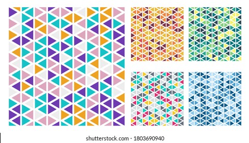 Conjunto de colores brillantes triángulos patrón simple sobre fondo blanco. Ilustración del vector