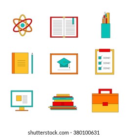 Set of bright color vector online school training icon. To do list, book, 