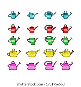 Set of bright color vector pictures with beautiful watering cans. Watering cans with patterns of various shapes, heights. Gardener's tools.
