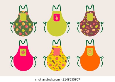 A set of bright colored aprons with a vegetable and fruit pattern. Vector clipart.