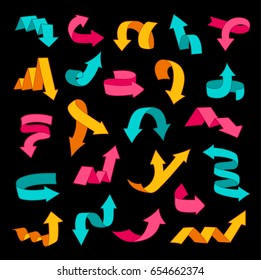 Set of bright colored arrows and ribbons. Blue, yellow, pink. Vector illustration.