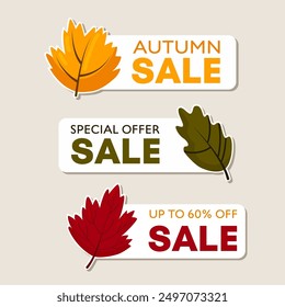 Set of bright colored autumn sale tags. Discount labels with autumn leaves on a white background. Vector banners for text.