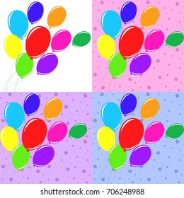 Set of bright colored balloons against the background of stars and colorful sky