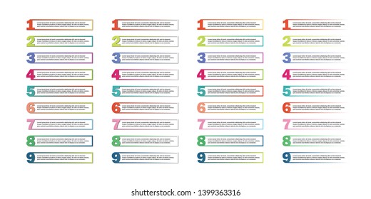 Set of bright colored banners numbered from 1 to 9. Infographics. Vector illustration. Information message.