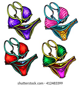 set of bright colored beach bikini monochrome, with stripes, with leopard print. hand drawn