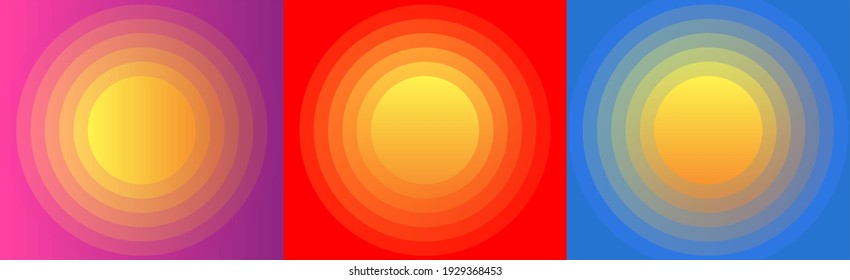 Set of bright colored cards with circle inside as graphic element for advertising, sun stylized overlays, three variants