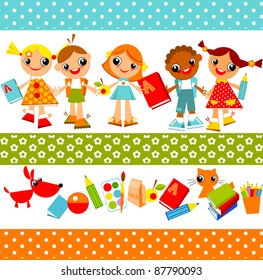 set of bright colored children, boys and girls holding hands. Vector animation on education