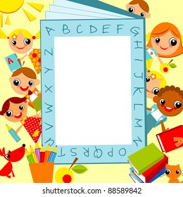 set of bright colored children, boys and girls   against the background of the alphabet as a frame for text. Vector animation on education