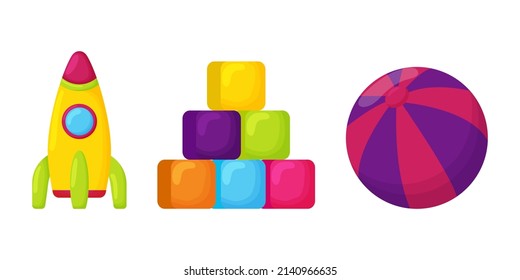 Set bright colored children cubes, rocket and ball on a white isolated background.