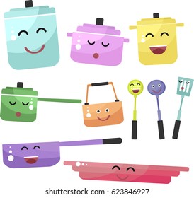Set of bright colored cooking utensils with faces